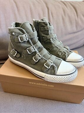 NIB ASH Virgin Ter Army Green Canvas Multi-Buckle High Top Sneakers Sz 39